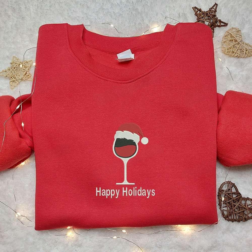 Wine Glass Santa Hat Embroidered Hoodie Christmas Embroidered T shirt Best Christmas Gift Ideas