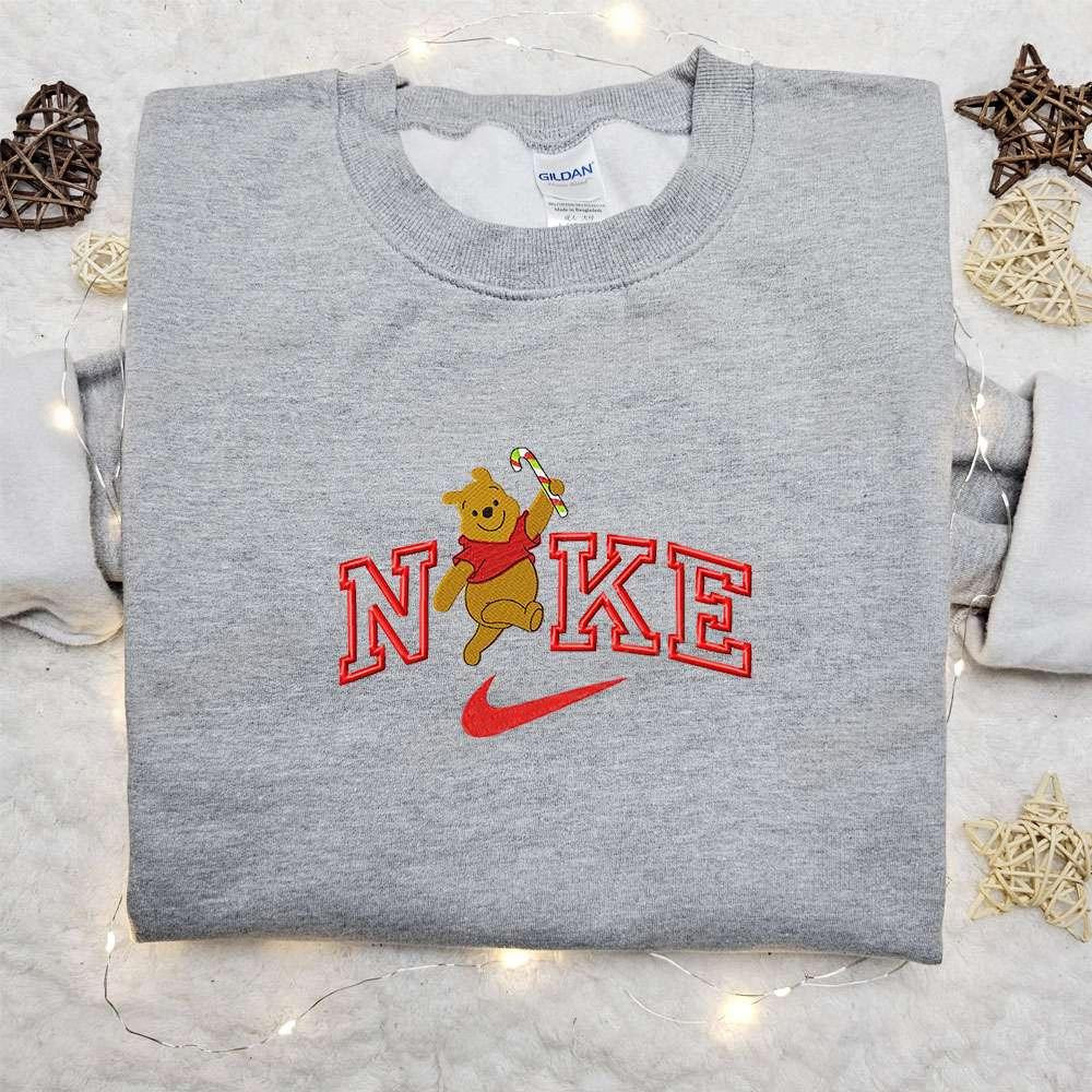 Winnie the Pooh Candy Cane x Nike Cartoon Embroidered Sweatshirt Walt Disney Characters Embroidered Shirt Best Christmas Gift