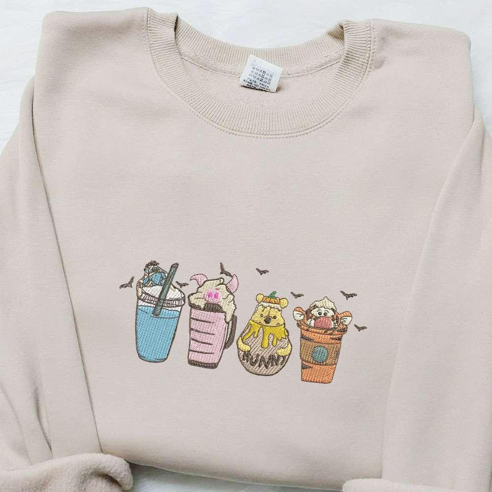 Winnie The Pooh Fall Coffee Embroidered Sweatshirt Disney Characters Embroidered Shirt Best Halloween Gift Ideas