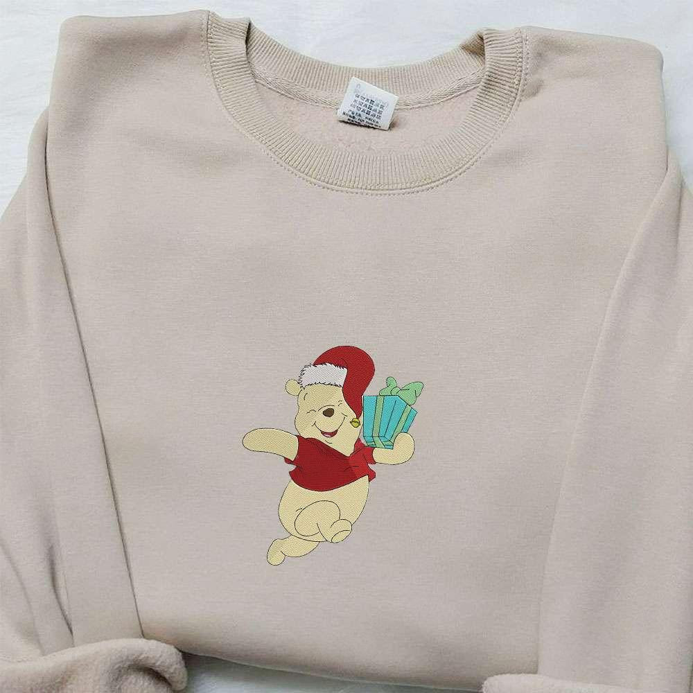 Winnie The Pooh Happy Running With Christmas Gift Embroidered Shirt Disney Characters Embroidered Hoodie Christmas Embroidered Sweatshirt