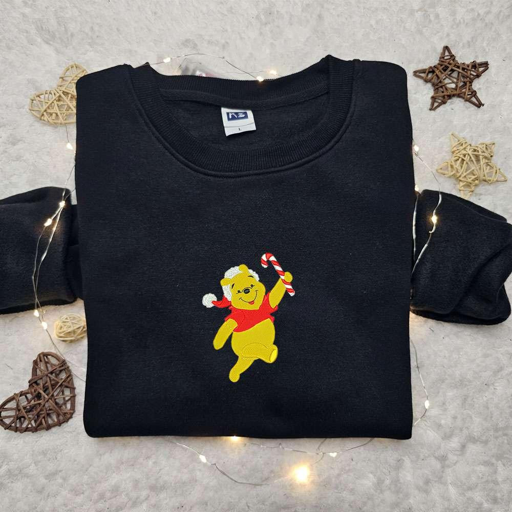 Winnie The Pooh With Candy Cane Embroidered Shirt Disney Characters Embroidered Hoodie Christmas Embroidered Shirt 1