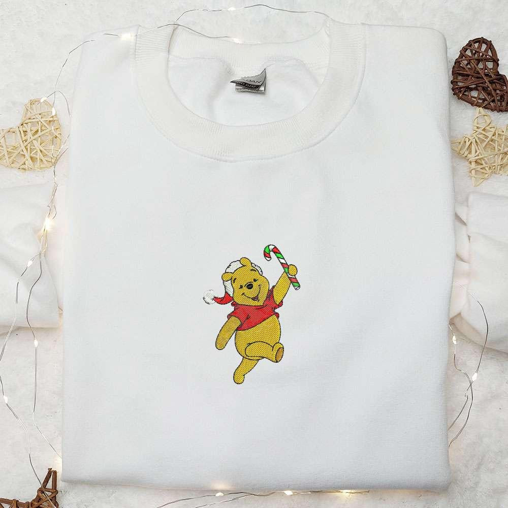Winnie The Pooh With Candy Cane Embroidered Shirt Disney Characters Embroidered Hoodie Christmas Embroidered Shirt