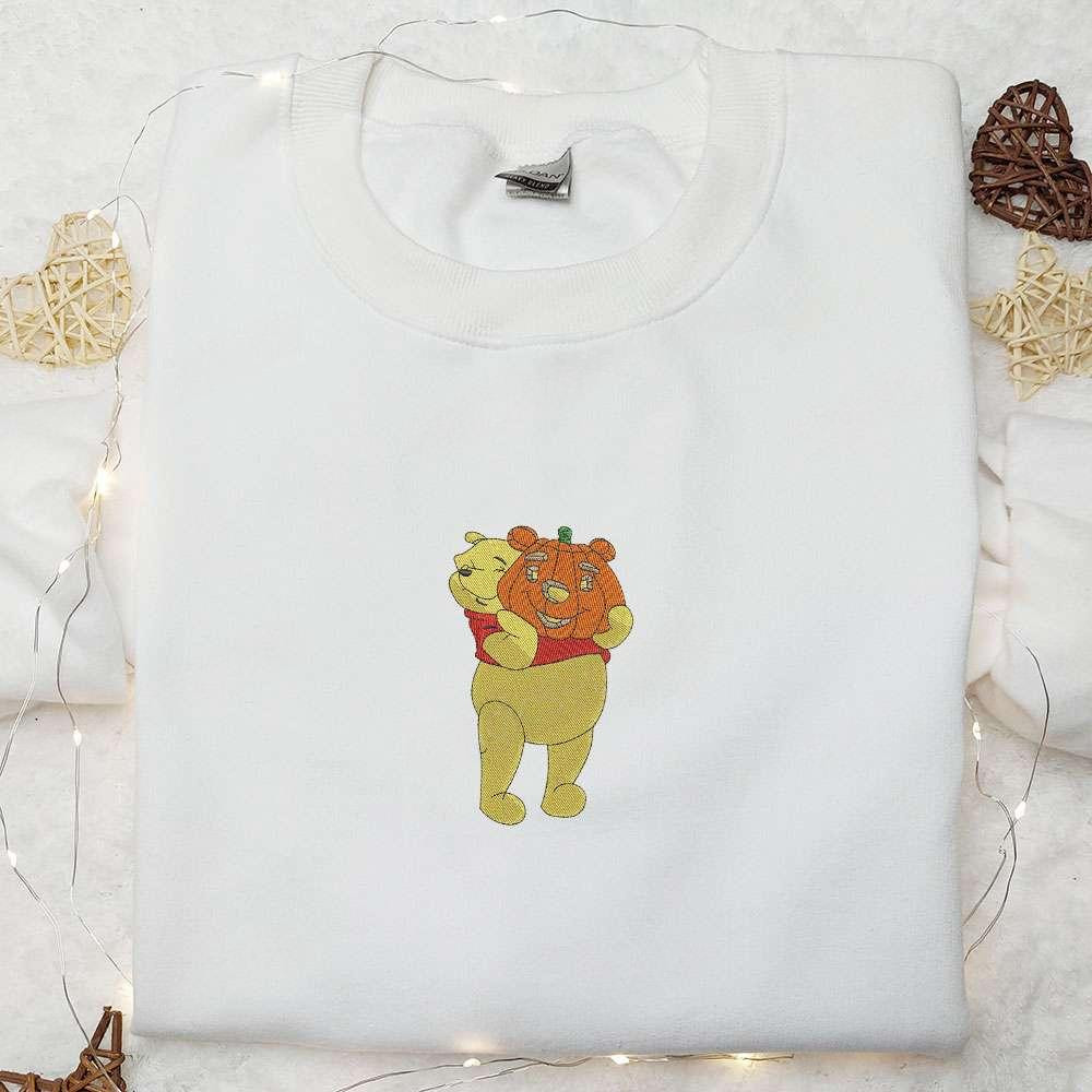 Winnie The Pooh With Jack O Lantern Embroidered Sweatshirt Disney Cartoon Embroidered Hoodie Halloween Embroidered Shirt
