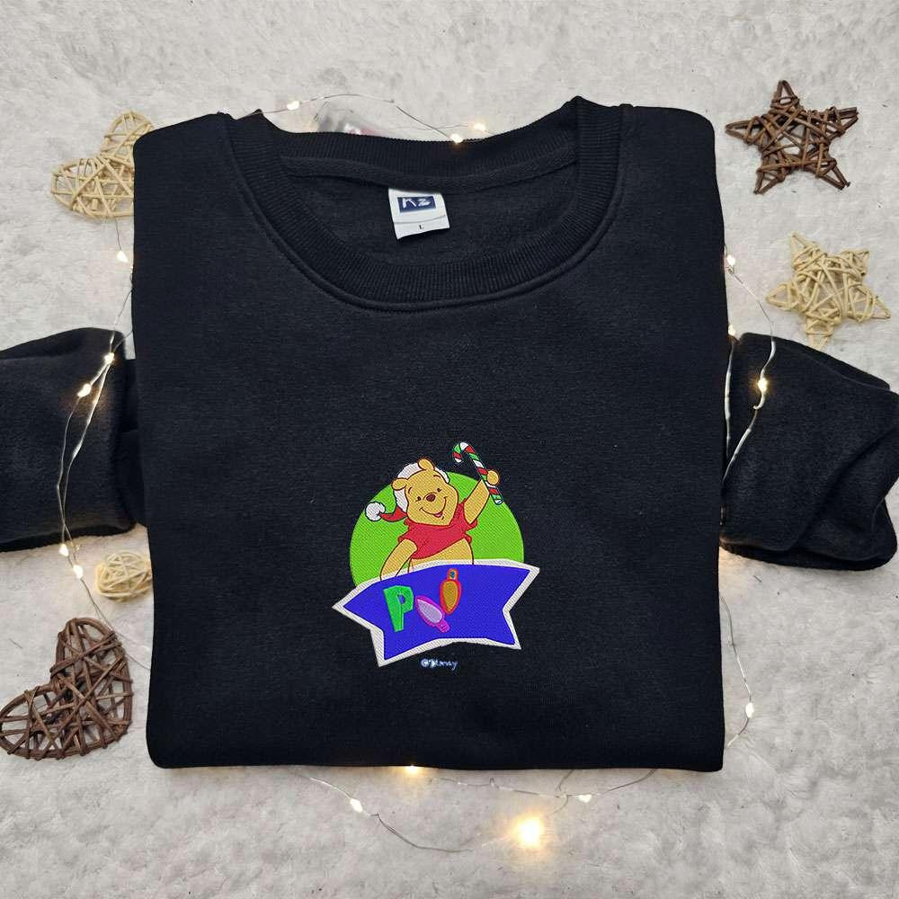 Winnie The Pooh Xmas Candy Cane Embroidered Shirt Disney Characters Embroidered Hoodie Christmas Embroidered Shirt