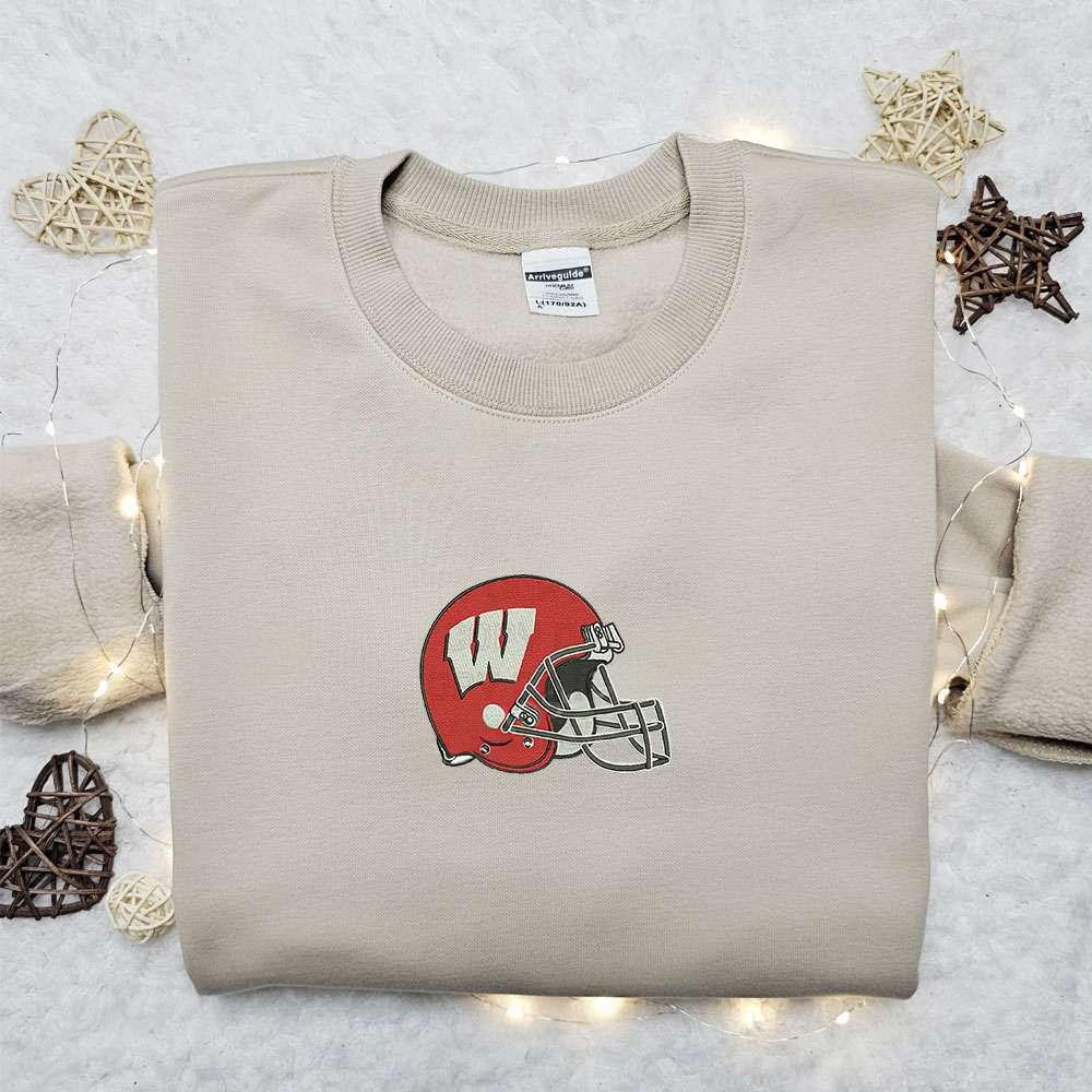 Wisconsin Badgers Helmet Embroidered Shirt NCAA Sports Embroidered Shirt Best Gift Idea