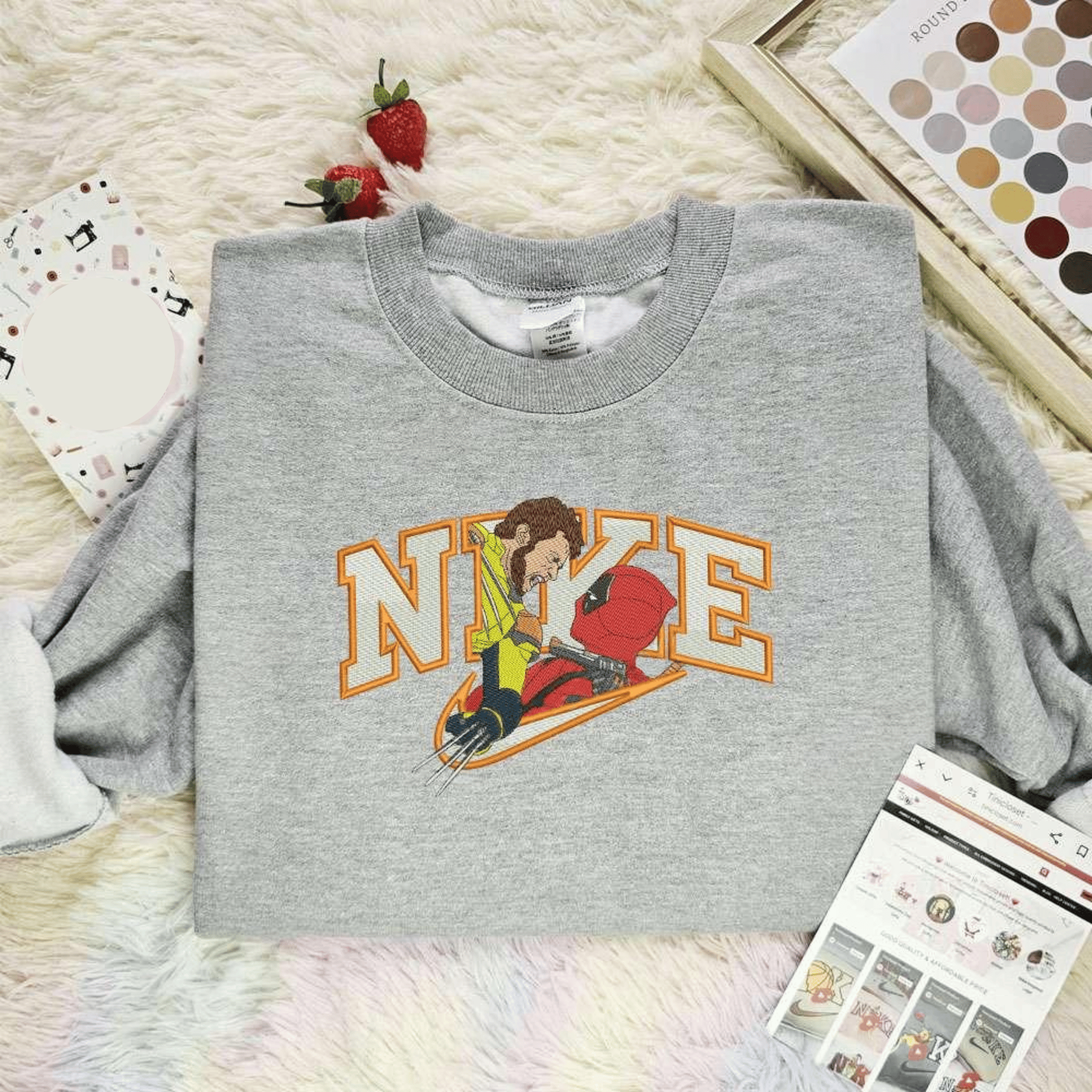 Wolverine And Deadpool Fighting X Nike Embroidered Shirt Marvel Movie Characters Embroidered Hoodie, Best Gift For Fans