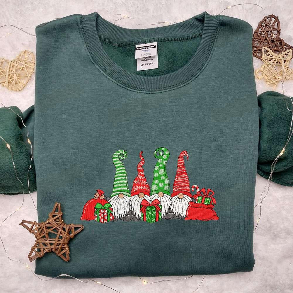 Xmas Gnomes With Gifts Embroidered Hoodie Christmas Embroidered Hoodie Best Christmas Gift Ideas For Family