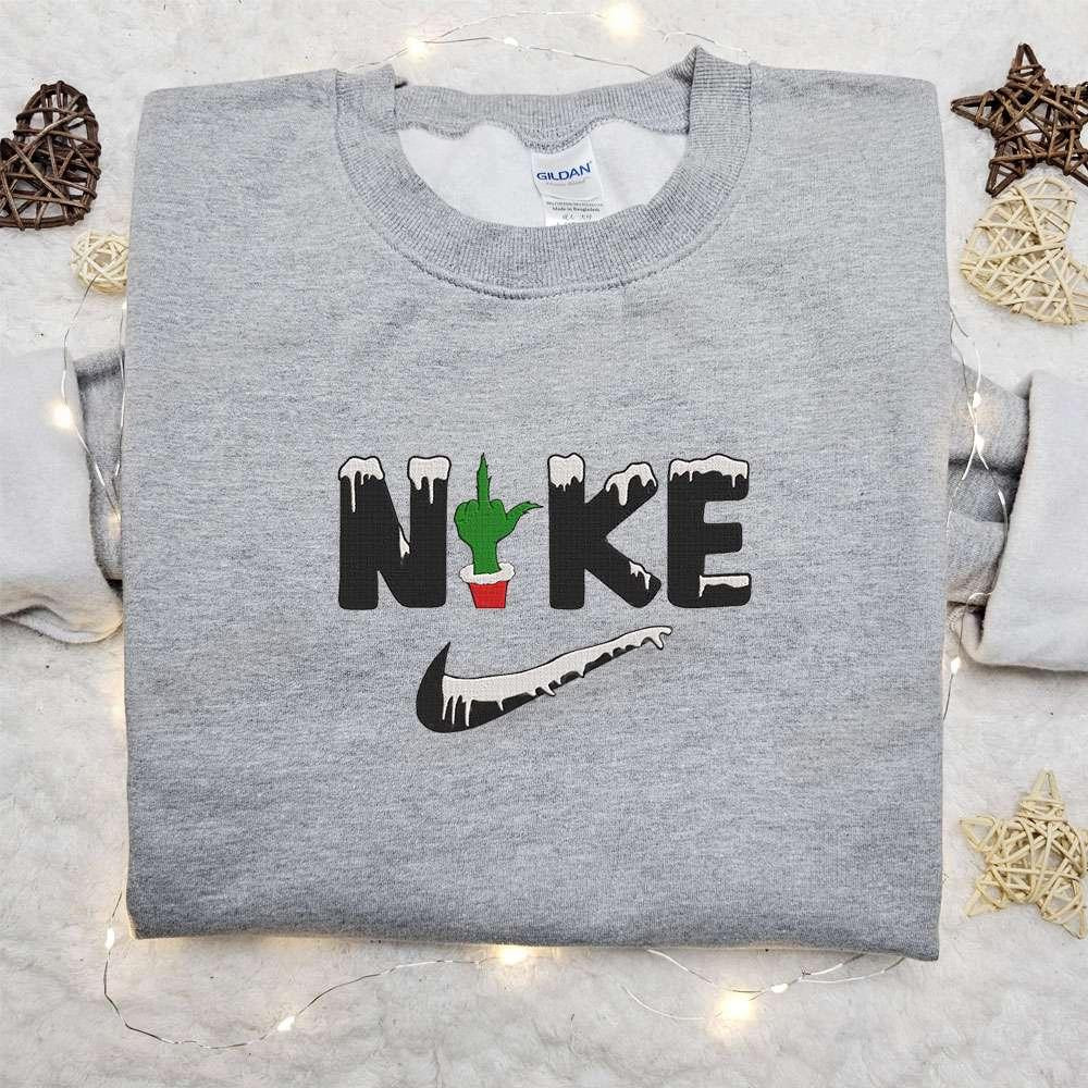 Xmas Grinch Hand x Nike Movie Embroidered Sweatshirt Christmas Embroidered Shirt Best Christmas Gift Ideas for Family