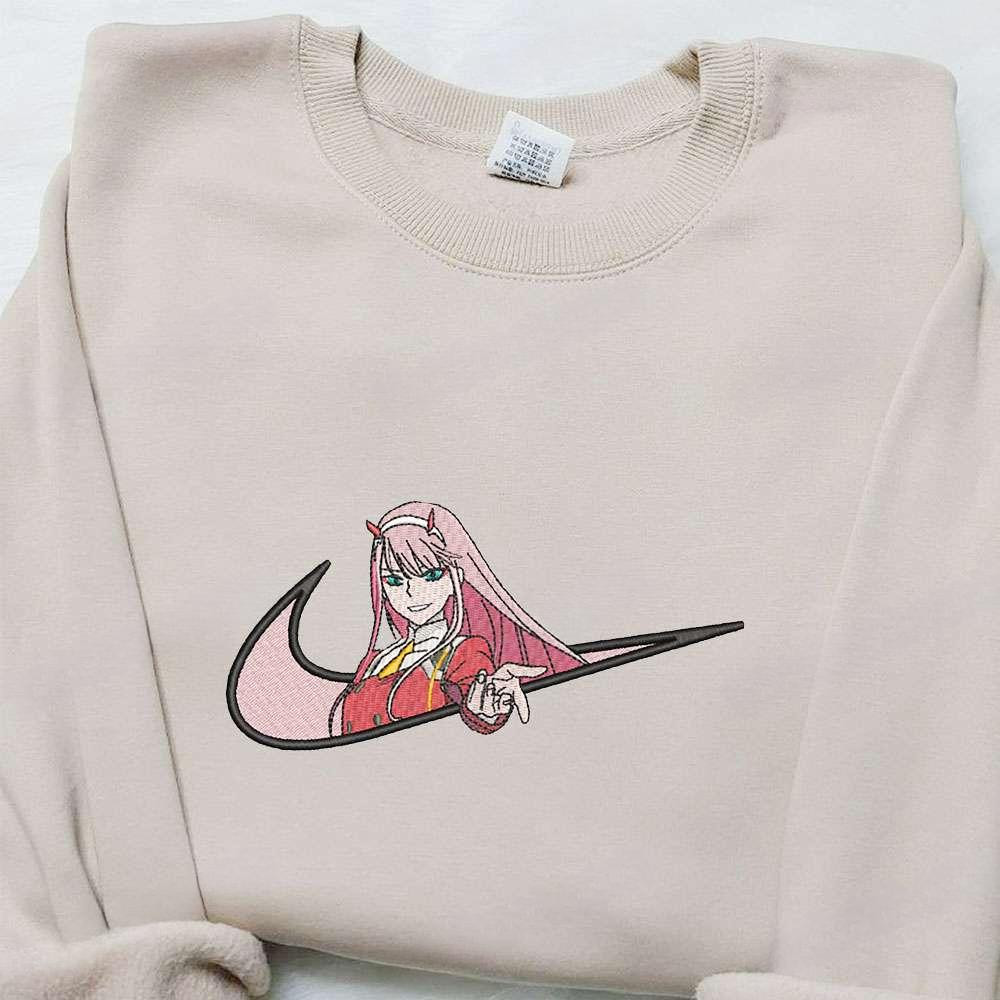 Zero Two X Swoosh Anime Embroidered Sweatshirt Darling In The Franxx , Anime Embroidered T-shirt Sweatshirt Hoodie, Inspired Anime Movie, Best Gift for Anime Fans