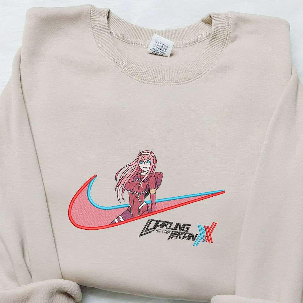 Zero Two x Swoosh Anime Embroidered Sweatshirt Nike Inspired Embroidered Shirt Custom Embroidered T shirt