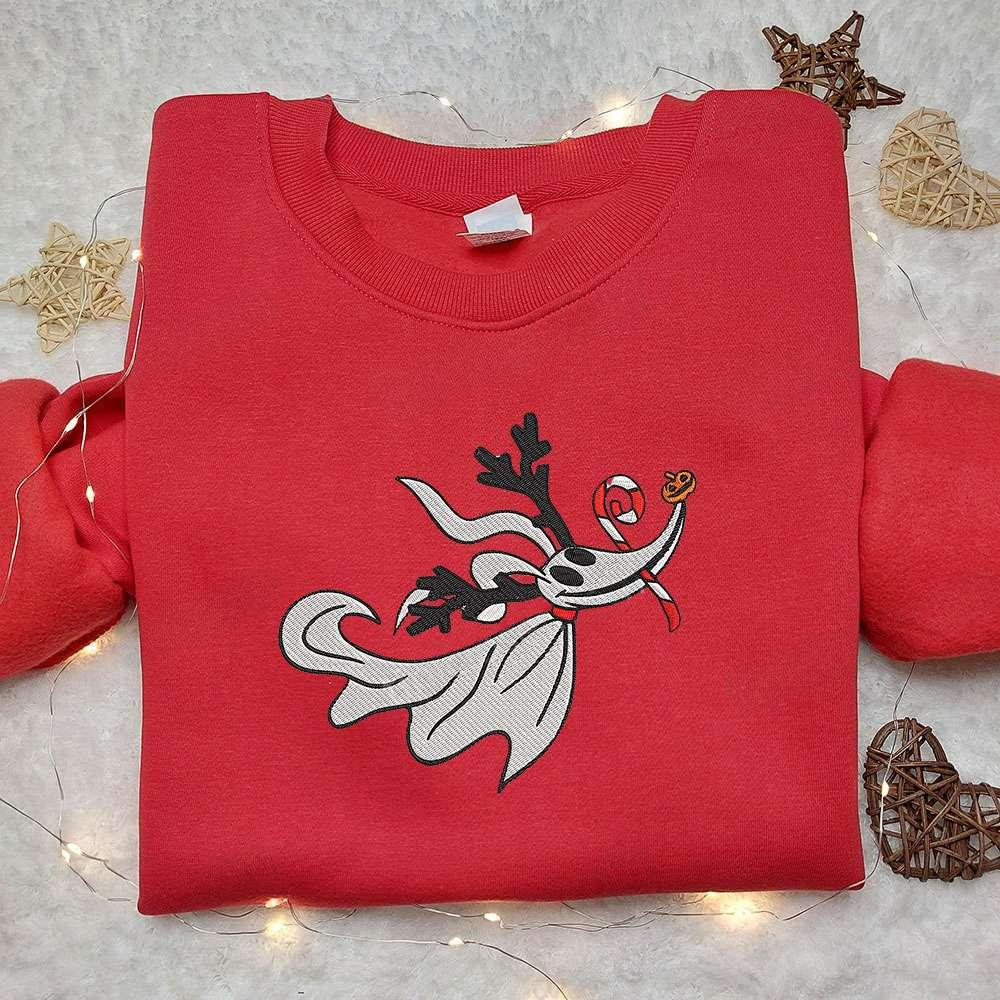 Zero With Candy Cane Embroidered Sweatshirt The Nightmare Before Christmas Embroidered Hoodie Best Halloween Gift Ideas