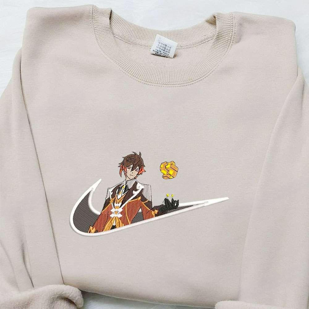 Zhongli Genshin Impact X Swoosh Embroidered Hoodie Cool Anime Clothing , Anime Embroidered T-shirt Sweatshirt Hoodie, Inspired Anime Movie, Best Gift for Anime Fans