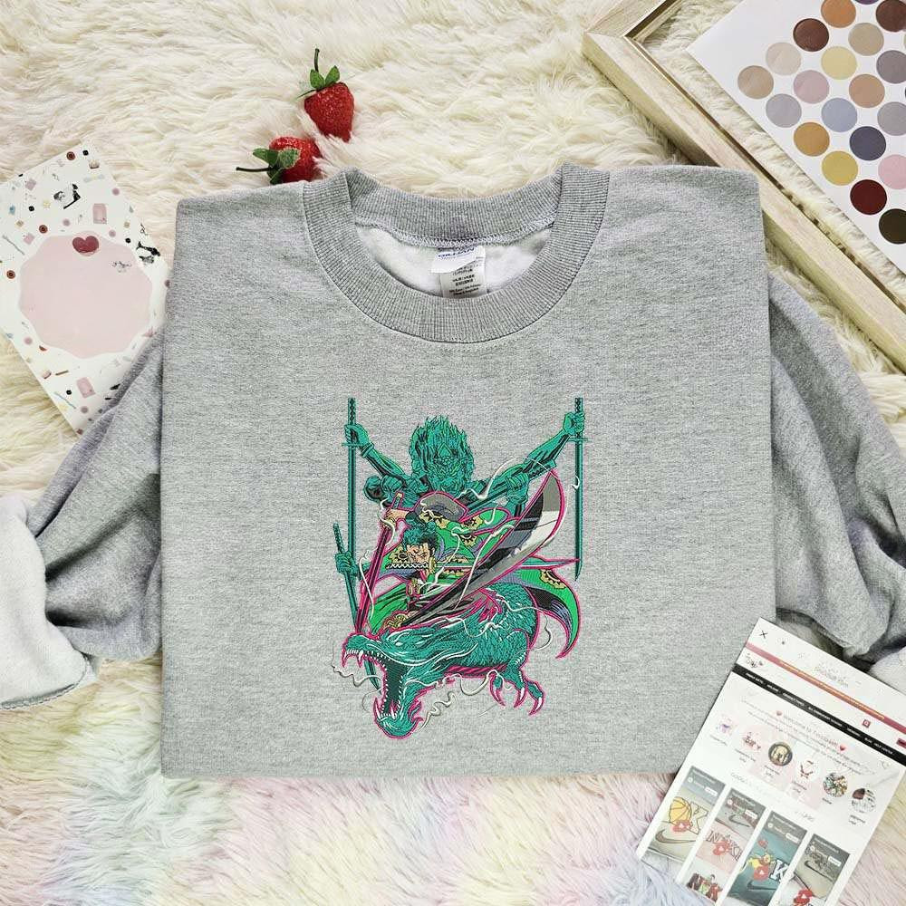Zoro With Dragon , Anime Embroidered T-shirt Sweatshirt Hoodie, Inspired Anime Movie, Best Gift for Anime Fans